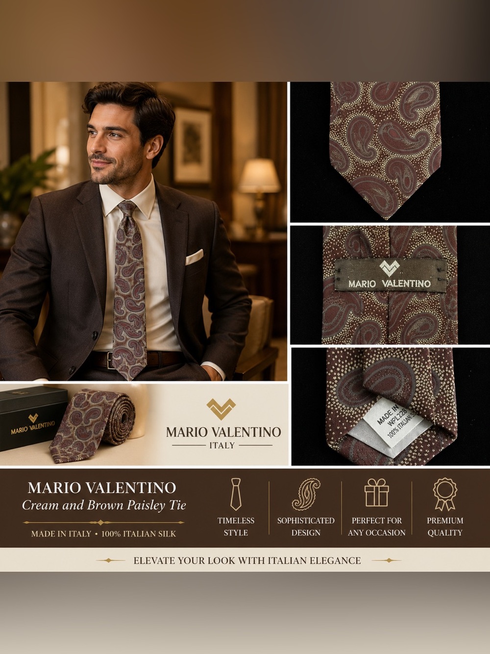 Mario Valentino Cream and Brown Paisley Tie
